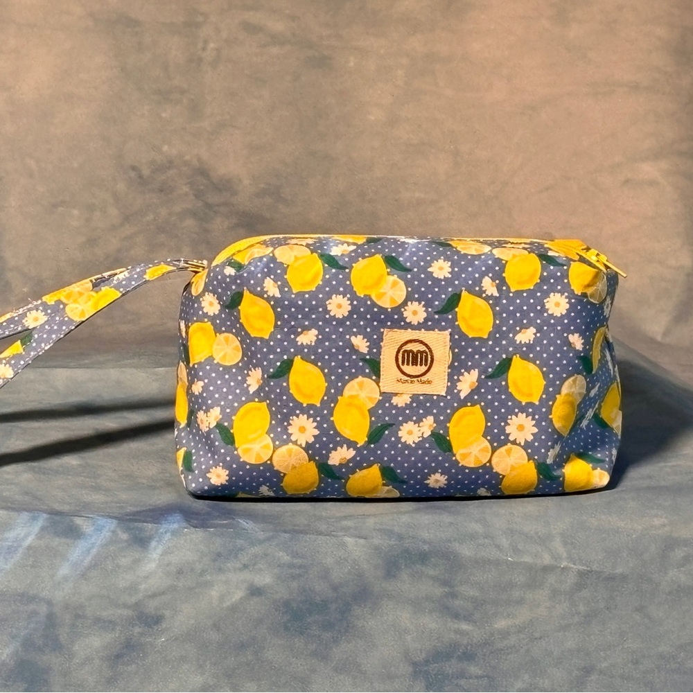 Lemon Print Cosmetic Bag - Blue and Yellow